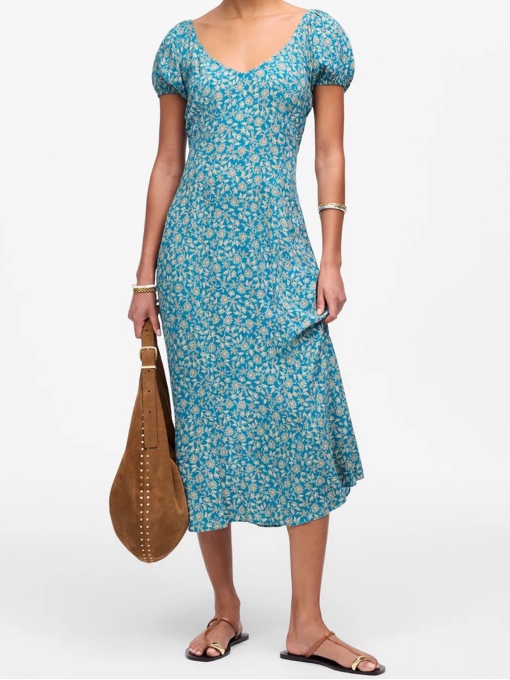 Madewell Cap-Sleeve Midi Dress in Eloise Ditsy Feminine Floral Teal Size 00  NWT